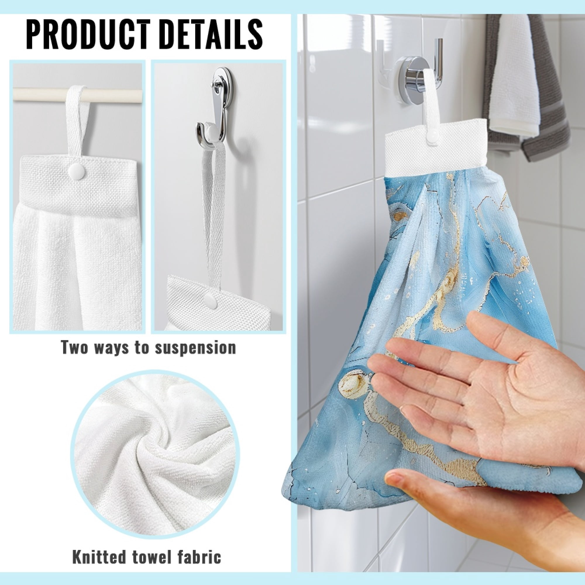 SEANATIVE Blue Marble Print Hand Towels with Hanging Loops Highly Absorbent Hanging Hand Towels for Bathroom Set of 3 Kitchen Quick Dry Hanging Tie Towels Breathable Fingertip Towel