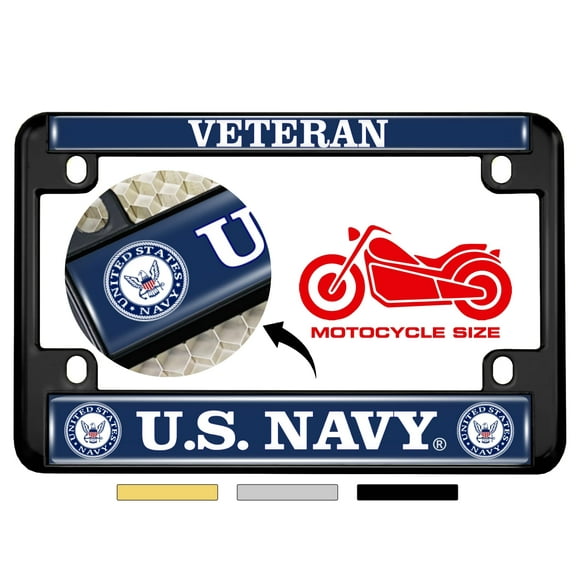 [Officially Licensed Product] - Motorcycle Domed Custom-Made Personalized Metal License Plate Frame Frame with Veteran US Navy Design - Black