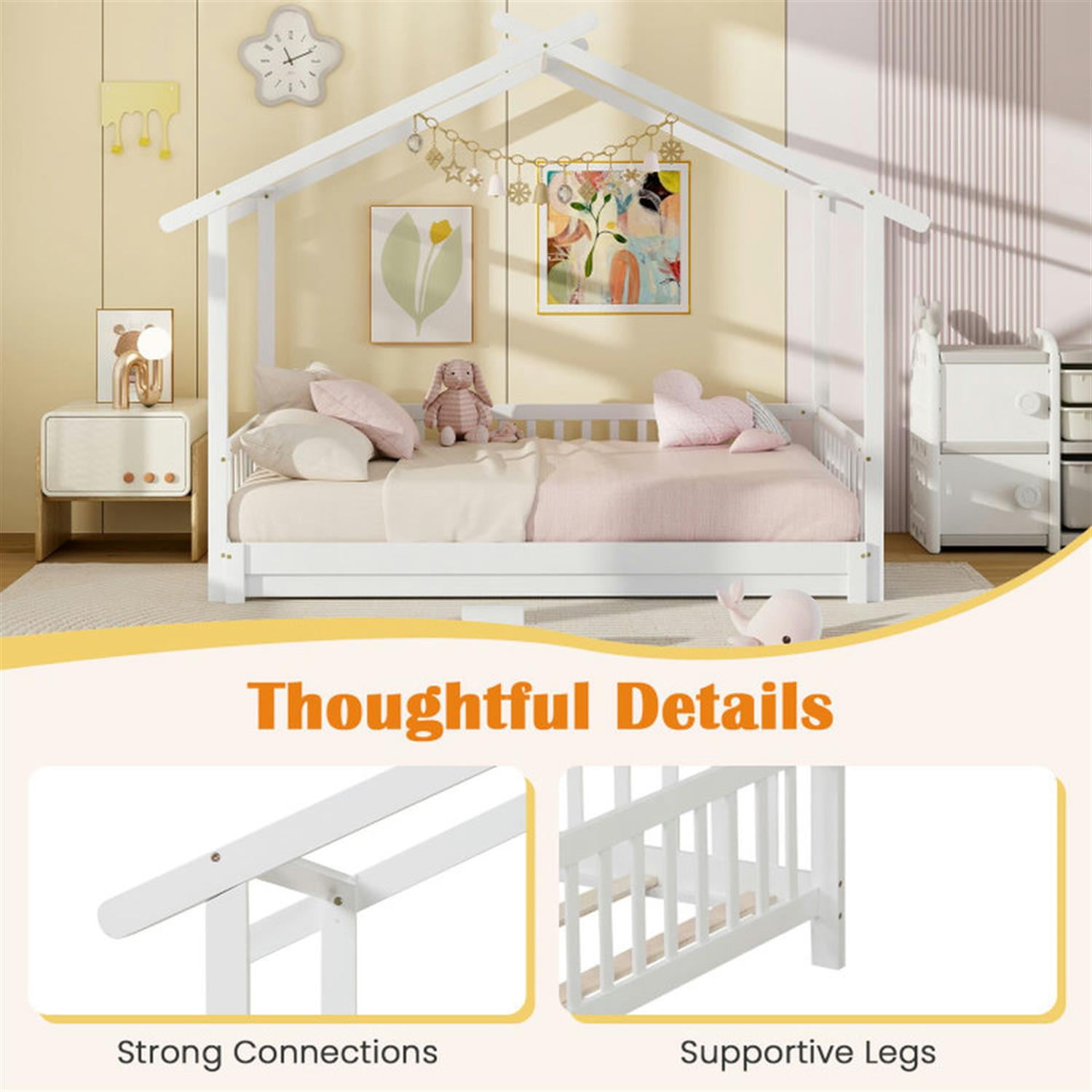 Demi Bonn Extendable House Bed Twin to King Daybed with Roof and Fence Rails, Modern Platform Bed Frames for Teens, White