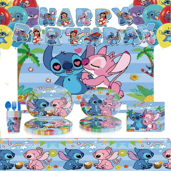 Blue Stitch Theme Party Decorations Set,Birthday Party Supplies Set Includes Plates, Cups, Napkins, Banner, Tablecloth for Birthdays, Weddings, Celebrations