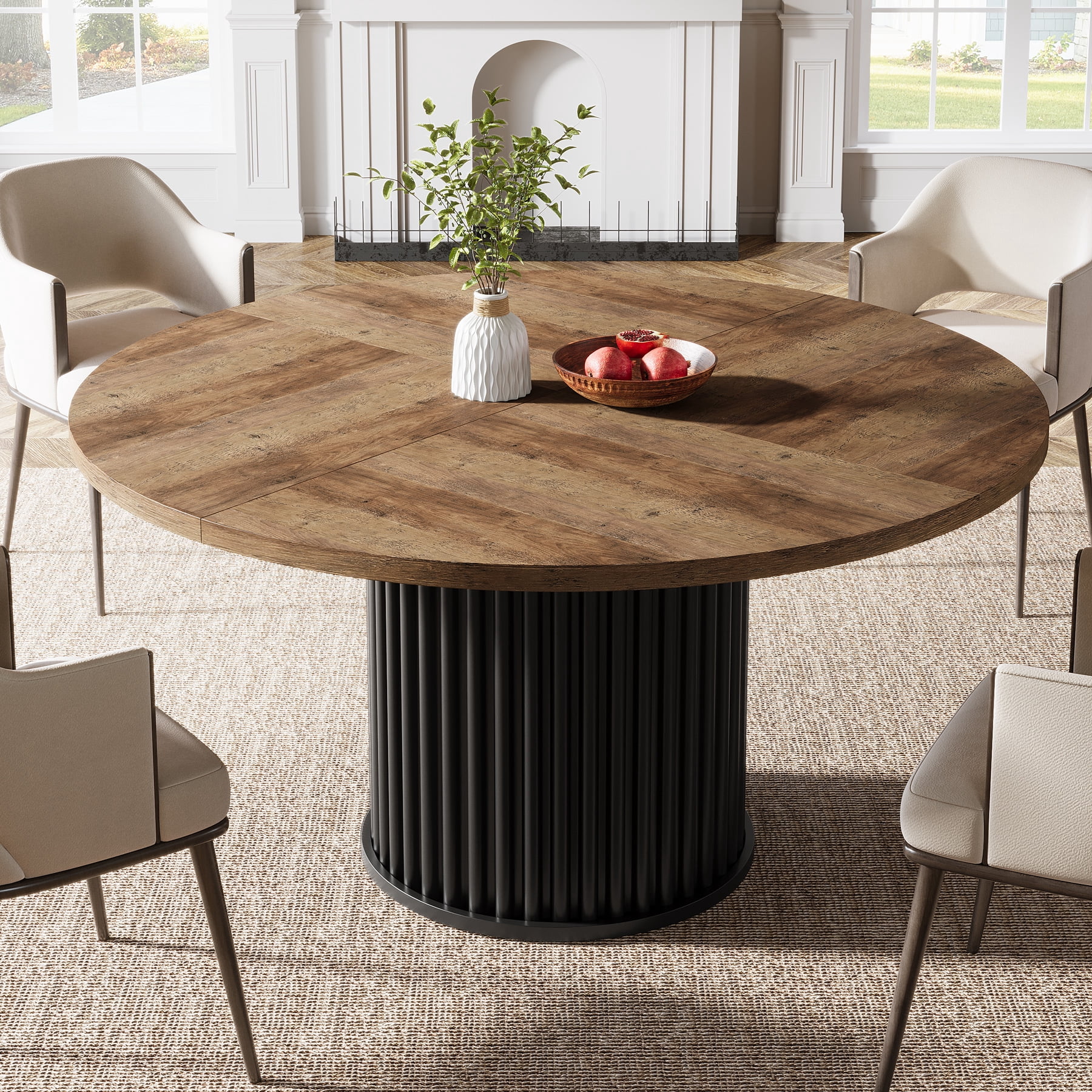 Tribesigns Round Dining Table for 4-6 People, 47.24-Inch Circle Wood Kitchen Table with Sturdy Fluted Metal Base, Modern Dining Room Furniture