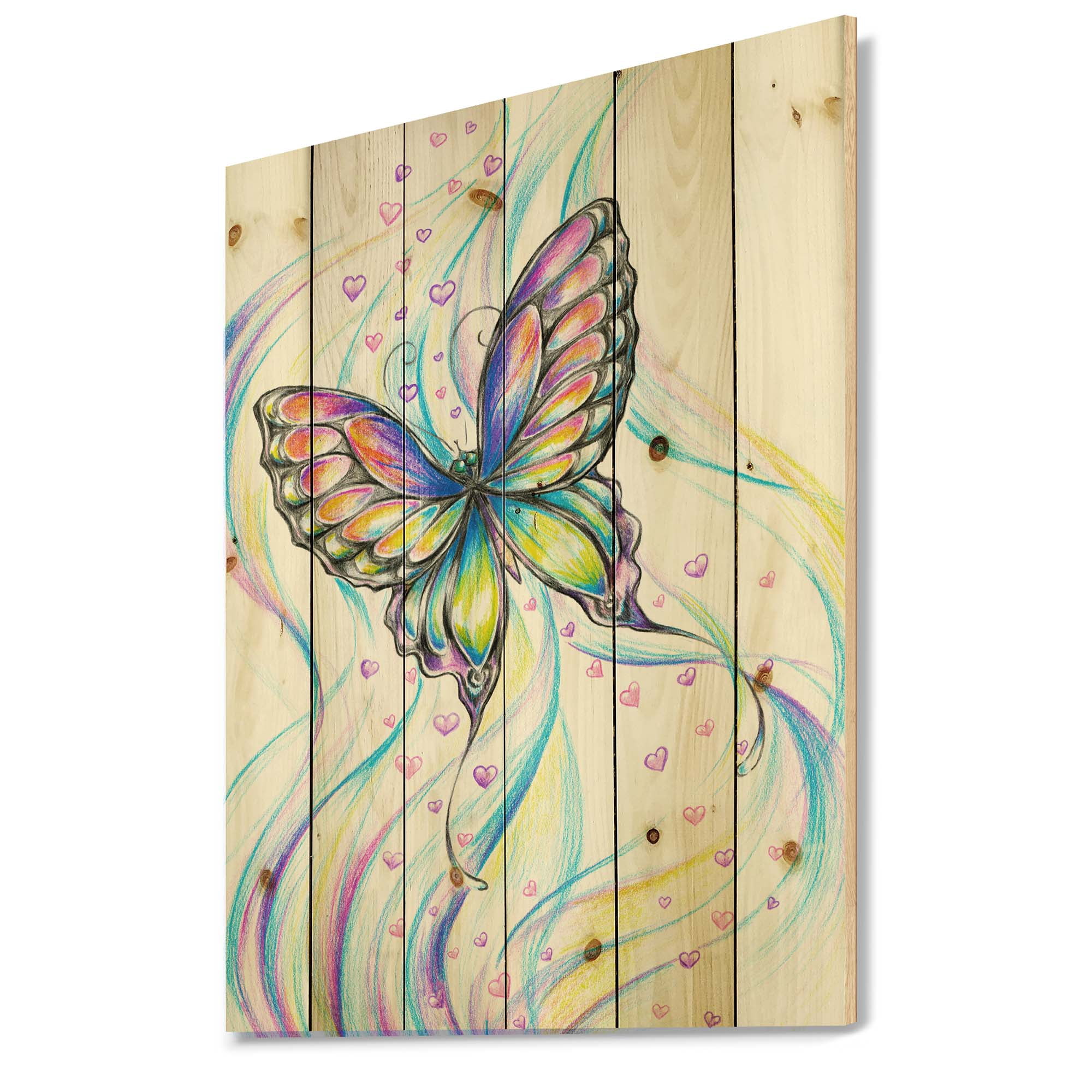 Designart 'Iridiscent Colorful Butterfly' Traditional Print on Natural Pine Wood