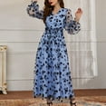 thumbnail image 3 of SWSMCLT Women's Long Dresses V Neck Tulle 2 Layered Swing Maxi Long Sleeve Dress Mesh Floral Printed Flowy Criss Cross Wrap Dress Blue Large, 3 of 5