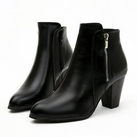 

symoid Womens Mid Calf Boots- Shoes Popularity Fashion Solid British Style Thick Heel Low Barrel Zipper Boots Black 43
