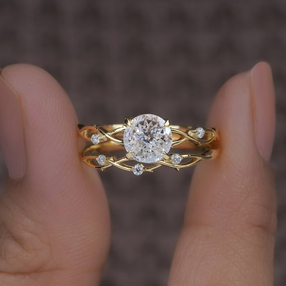 Bluebelljewels 14K Yellow Gold Finish Silver Round Cut Cubic Zirconia Wedding Bridal Ring Set