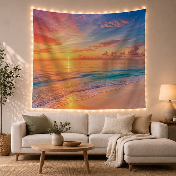 Ocean Waves Scenic with Sunset Calm Beach Sits, Mystical Fantasy for Space Lovers, Galaxy Room Decor, Valentine'S Day Gift, Tapestry Wall Hanging for Bedroom and Dorm