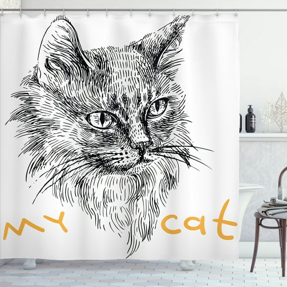 Ambesonne Animal Shower Curtain, Hand Drawn Cat, 69"Wx70"L, Mustard Black and White