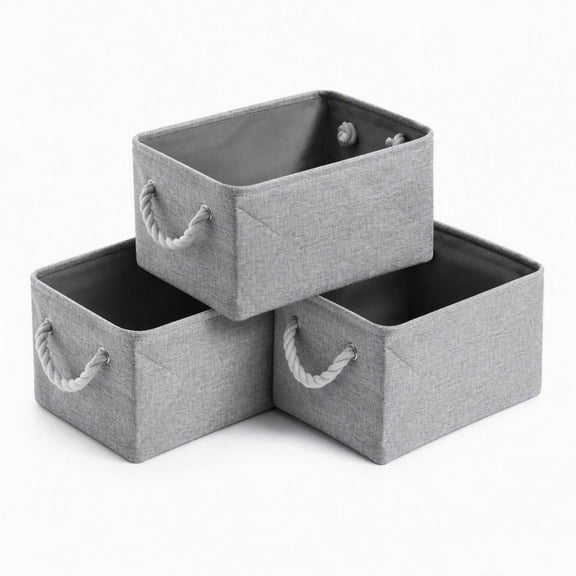 AMAXUN 3-Pack Gray Linen Fabric Storage Baskets with Rope Handles, Foldable Collapsible Storage Bins for Closet Nursery Toy Shelf Organizer, Washable Home Organization Containers