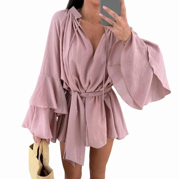 Women'S Layered Bell Sleeve Tie Neck Mini Dresses Ruffle Belted Tunic Dress Pink XXL