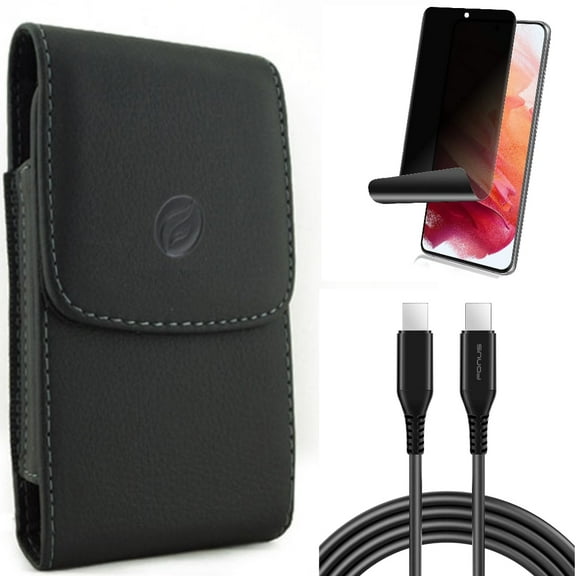6ft Long USB-C Cable w Privacy Screen Protector w Case Belt Clip for Samsung Galaxy S21 Plus - PD Fast Charger Cord Power, TPU Film Fingerprint Works, Leather Holster Accessory Bundle