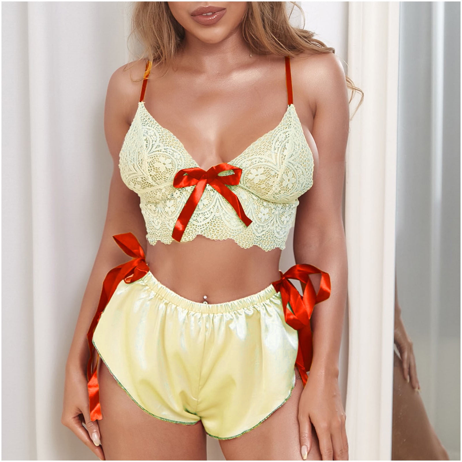 Sexy Pajama Set for Women Spaghetti Strap Lace Cami and Shorts Two Piece Satin Lingerie Nightwear Sleepwear PJ Sets