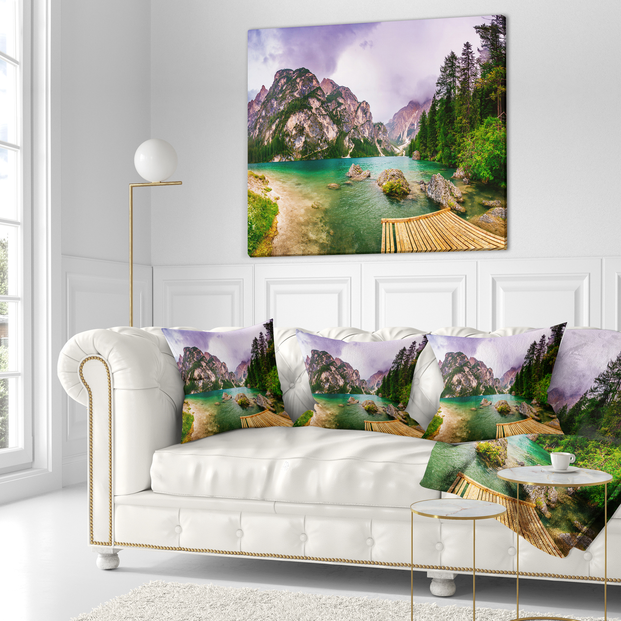 Designart Mountain Lake Between Mountains - Landscape Printed Throw Pillow - 16x16