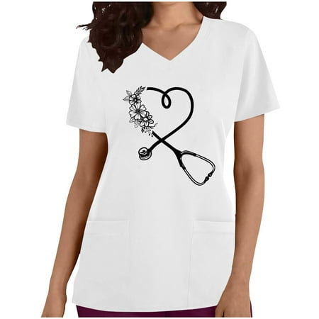 

Women s Casual Loose Scrub_Tops Clearance Work Blouses V Neck Nurse Uniform with Pockets T Shirt Stethoscope Graphic Pattern Tees Short Sleeve Western Shirts 2023 Summer Tunic Vintage White XXL