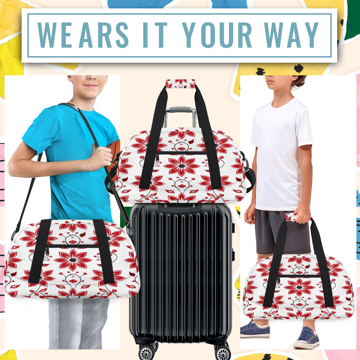 Herdesigns Red Sports Duffle Bag for Women & Men, Floral Gym Bag Dance Bag Overnight Bag Carry On Weekender Travel Bag