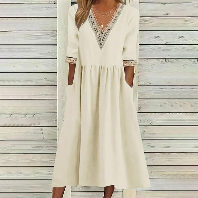 Robes pour Femmes 2024 Été Grande Taille Ample Coton Lin Col en Dentelle Manches Cinq Quarts Longueur Moyenne Robe 50 % de Réduction Liquidation!