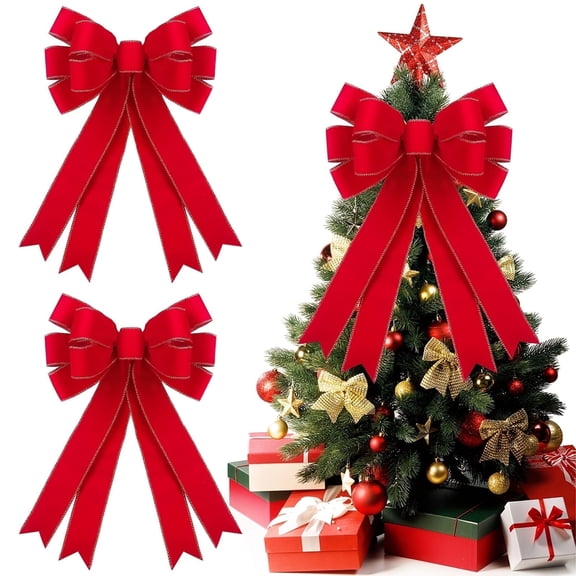 DIYMAG 2 Pcs Red Bow, 16 x 24in Large Red Velvet Bow for Wedding, Pour Party Decor Christmas Tree Topper Bow with Glitter Gold Edge for Home Front Door Decor