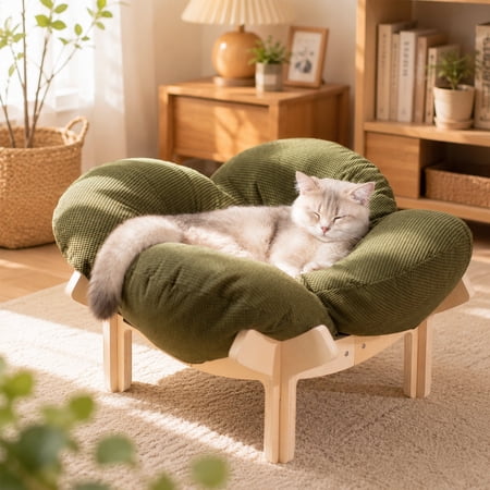 CheerPals Elevated Cat Bed, Washable Flower Pet Cushion with Sturdy Wooden Frame, Heavy-Duty Lounge Chair for Indoor Cats & Small Dogs, Green