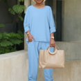 thumbnail image 2 of vigerkar Linen Sets for Women 2 Piece Pants Outfits Casual Long Sleeve Shirts Wide Leg Pant Suits Loungewear Pajamas Light Blue, M, 2 of 5