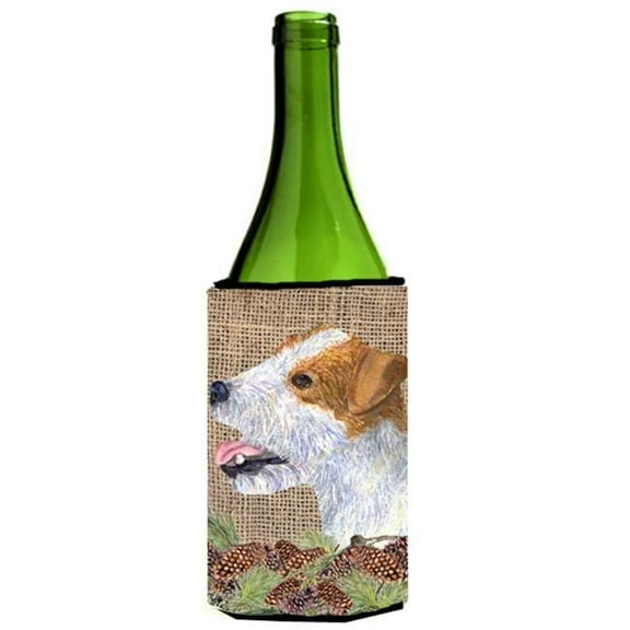 Jack Russell Terrier on Faux Burlap with Pine Cones Wine bottle sleeve Hugger 24 oz.
