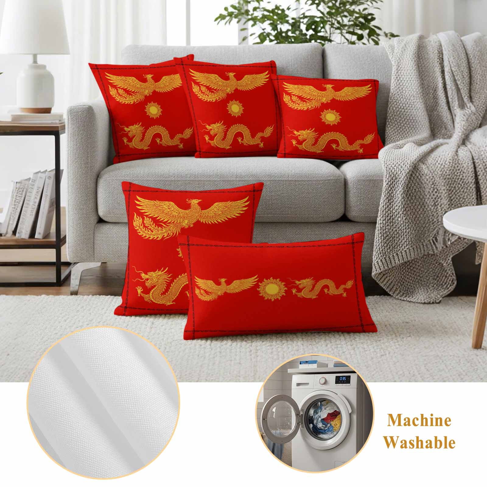 Chinese New Year Outdoor Waterproof Pillow Covers, Yellow Dragon Traditional Art Red Decorative Square Throw Pillowcase Sofa Cushion Sham for Patio/Couch/Chair, 18"x18" 2 Pack