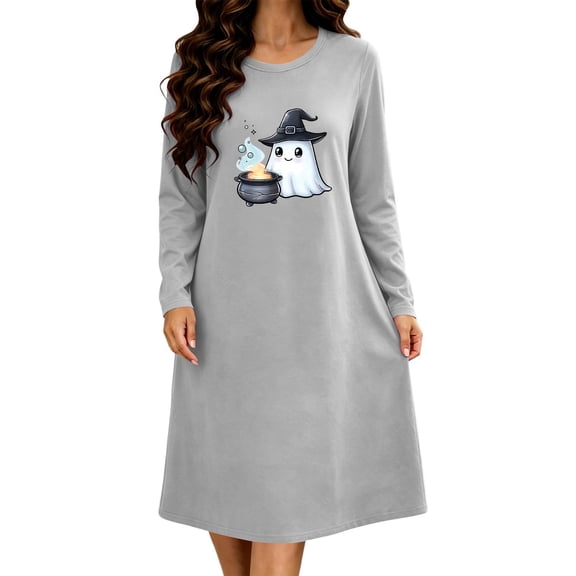 Kezqiaxn Night Gowns for Adult Women Halloween Printed Long Sleeve Loose Casual Nightgown Sleep Dress Plus Size Nightgowns Gray A L