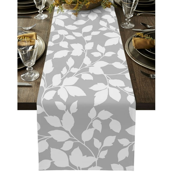 Table Runner Dresser Scarves 48 Inch Long, White Botanical Leaves Texture on Grey Linen Dining Table Runners Plant Branch Foliage Vine Tabletop Scarf for Wedding Holiday Party Kitchen