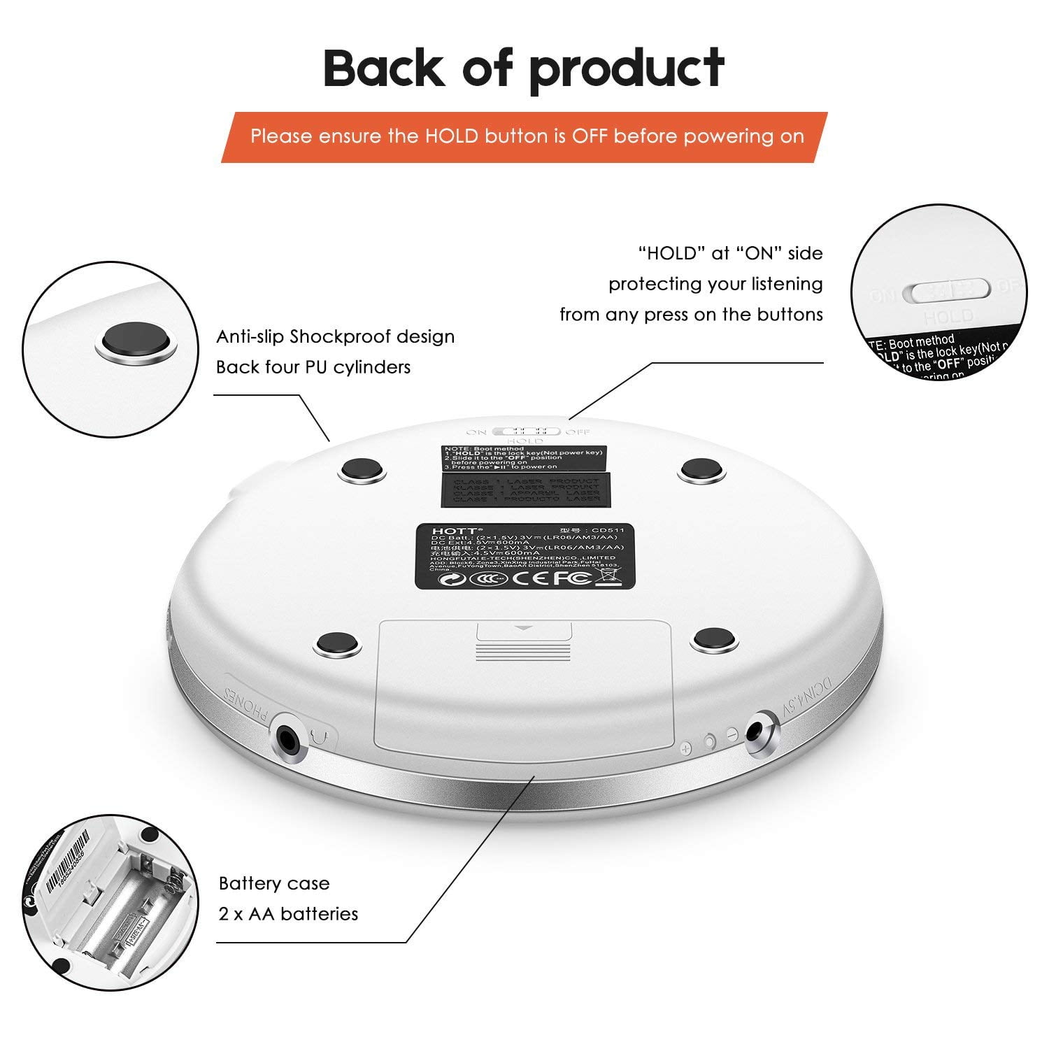 MEGICOT Portable CD Player, Personal Compact MP3/CD Player with Anti-Skip/Shockproof Protection, Compact CD Music Disc Player with LCD Display (White)