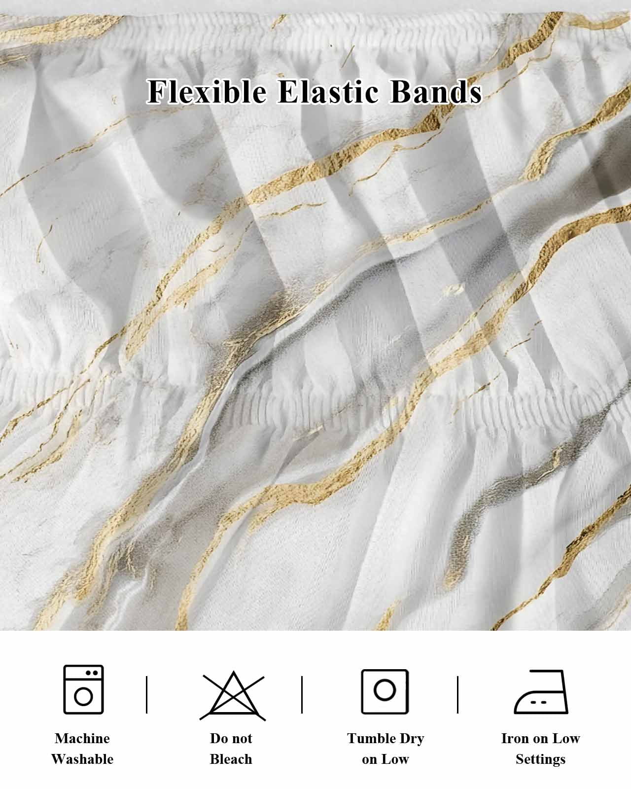 White Marble Wrap Around Bed Skirts for Queen Bed 16" Drop, Bed Skirt with Adjustable Elastic Belt Dust Ruffle Bed Valance for Bedroom Hotel Luxury Abstract Modern Yellow Crack Art Bed Frame Cover