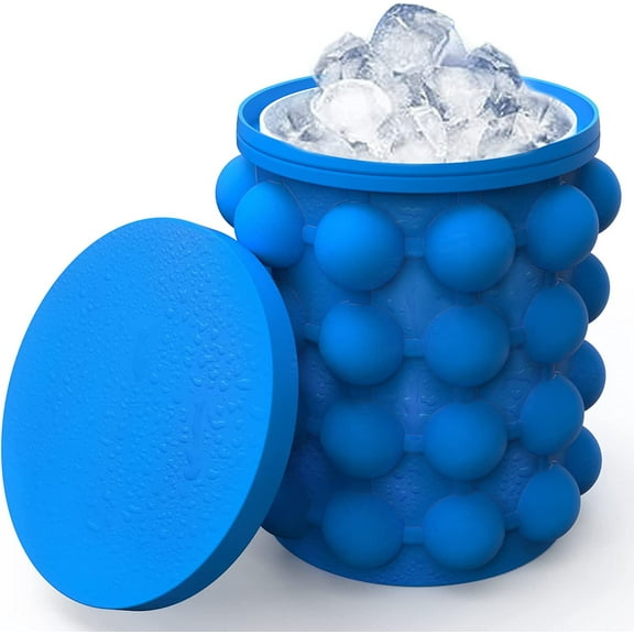 Ice Cube Mold Ice Trays, Large Silicone Ice Bucket, (2 in 1) Ice Cube Maker, Round,Portable (Dark blue)