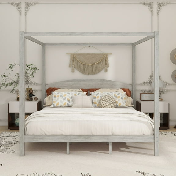King Size Canopy Platform Bed with Headboard and Support Legs, Grey Wash