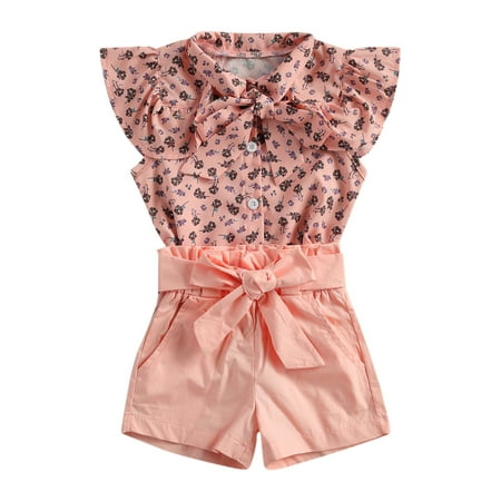 

Canis Baby Girl Summer Shorts Set Ruffle Sleeve Bowknot Top Watermelon Print Shorts