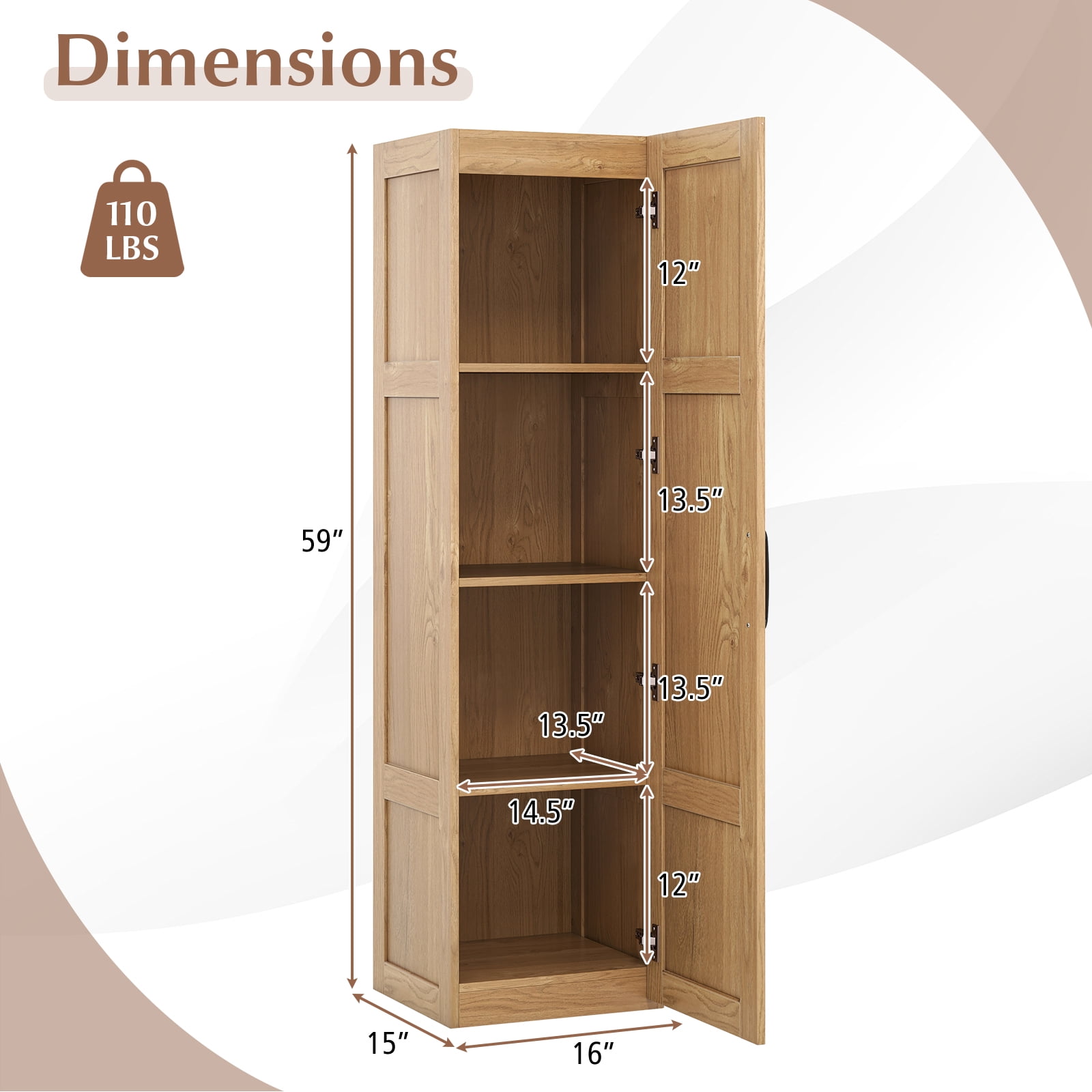 Gymax Tall Storage Cabinet Narrow Farmhouse Freestanding Floor Cabinet w/ 4 Shelves Natural