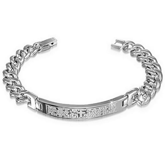 Stainless Steel Silver-Tone Mens Religious Lords Prayer Spanish Link Chain Bracelet