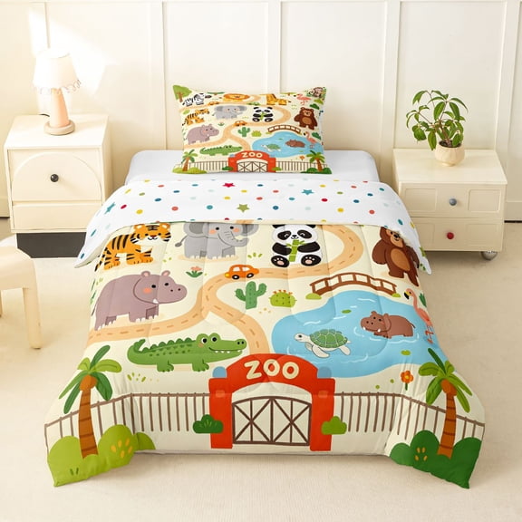 Manfei Kawaii Giraffe Twin Comforter Sets,Jungle Theme Print Bedding Set,Beige,Polkadot Reversible,2 Pieces,1 Comforter and 1 Pillowcase