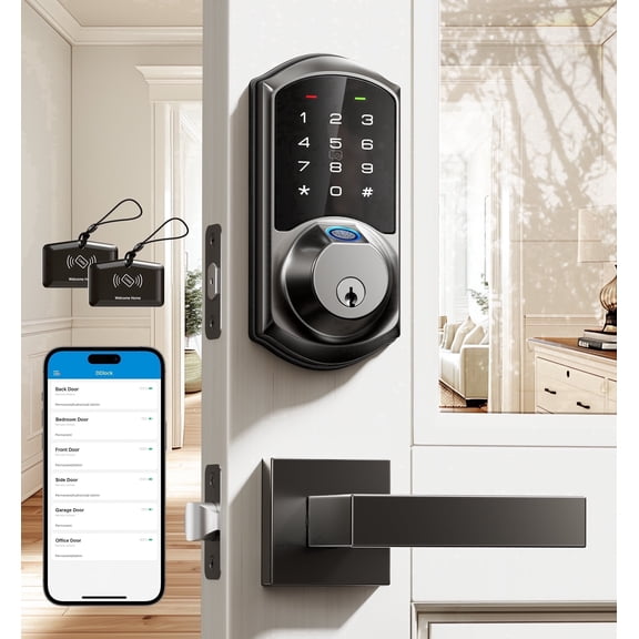 Veise Fingerprint Smart Locks for Front Door with 2 Lever Handle Set, App Control, Keyless Entry, Electronic Digital Keypad Deadbolt, Auto Lock, Waterproof, Easy to Install, Matte Black