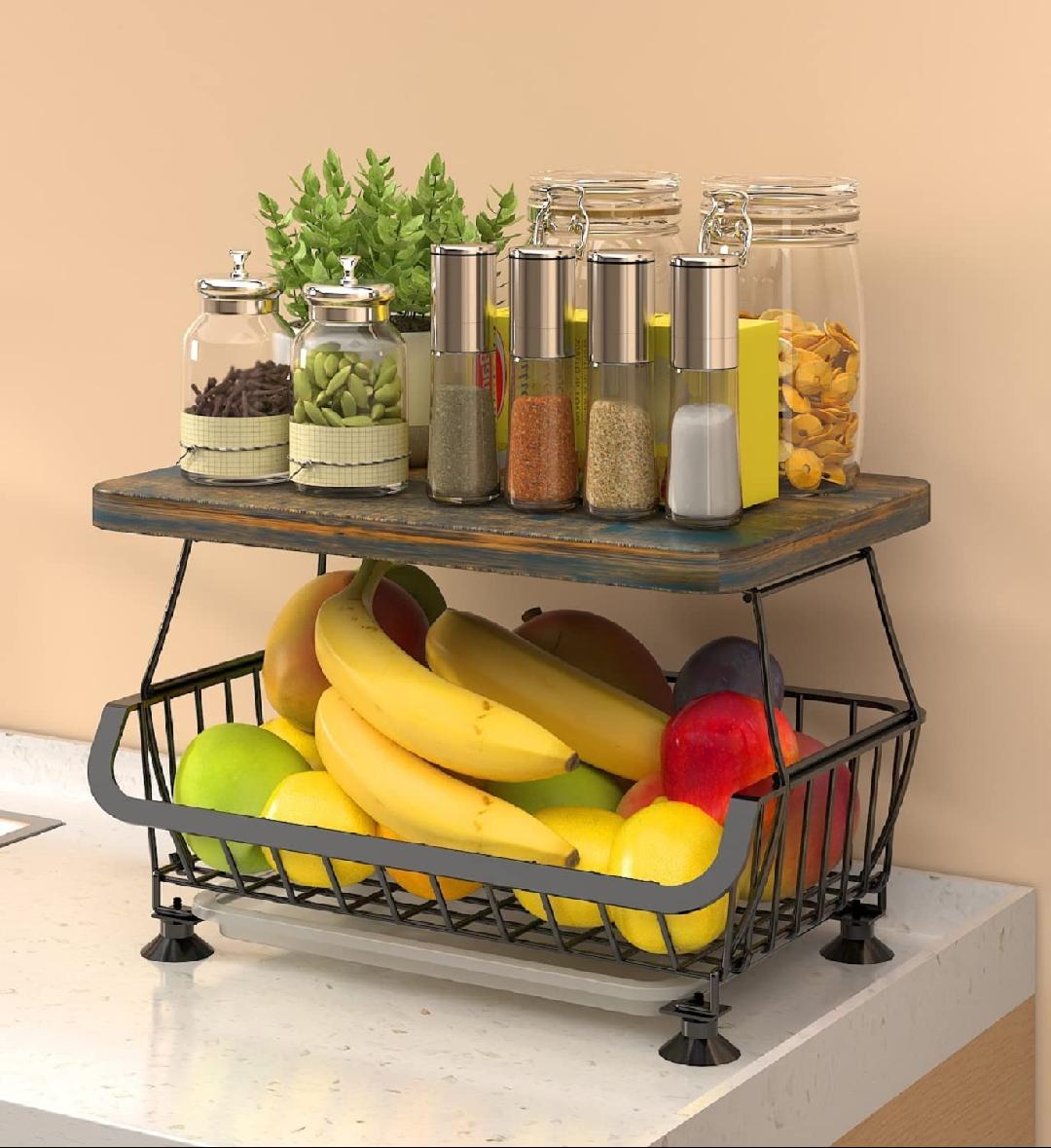 2 Tier Fruit Basket for Kitchen Counter Metal Basket Organizer with