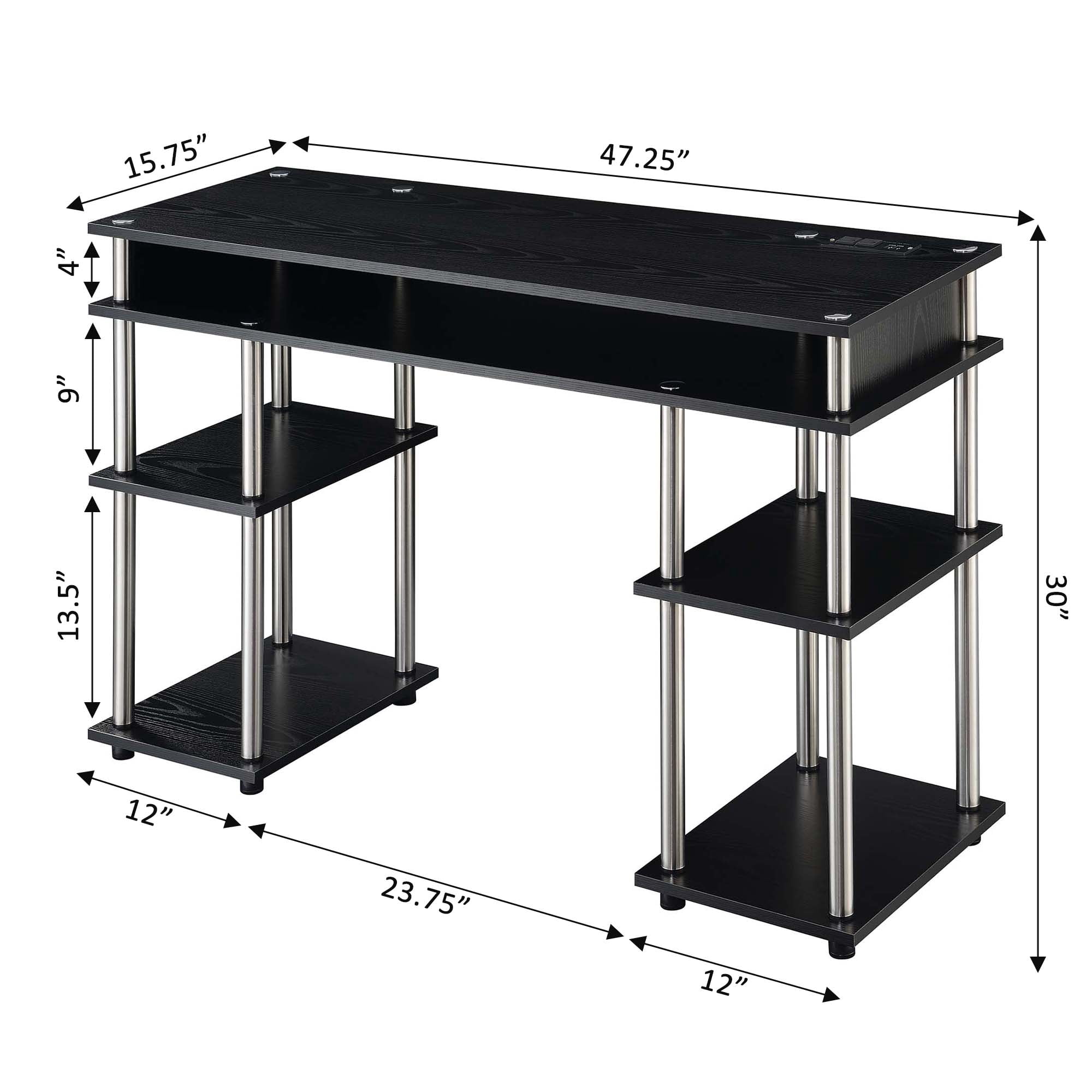 Convenience Concepts Designs2Go 30" Tall No Tools Student Desk with Charging Station and Shelves, Black