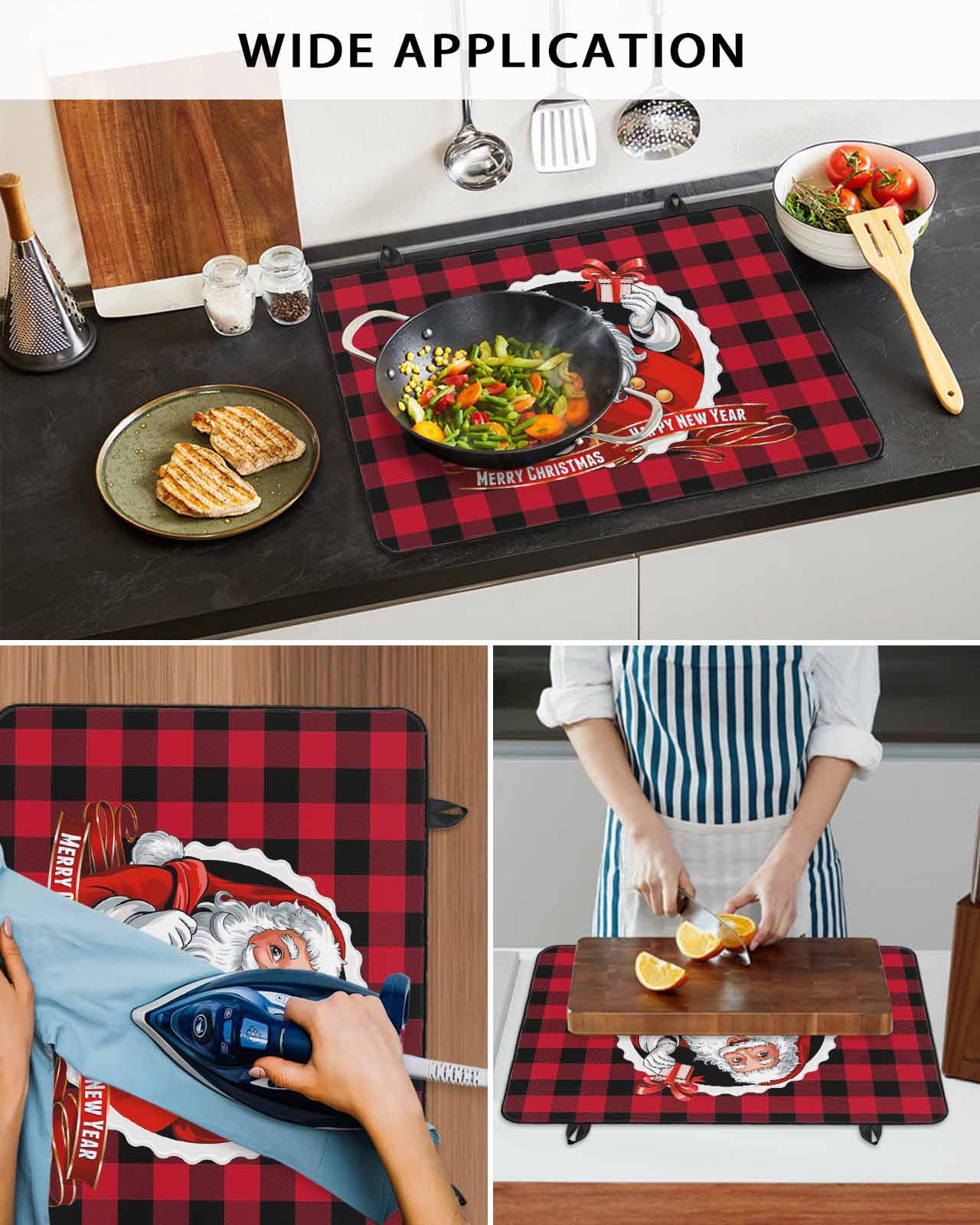 Large Induction Cooktop Protector Mat Christmas Stove Top Covers for Electric Stove, Xmas Santa Claus Red Black Buffalo Plaid Decorative Stove Burner Cover Mats, Glass Top Stove Cover