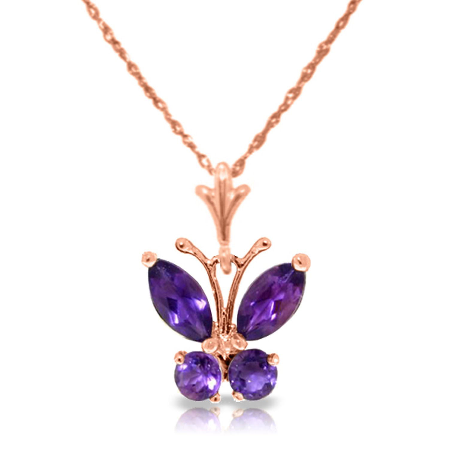 ALARRI 14K Solid Rose Gold Butterfly Necklace w/ Purple Amethysts with 22 Inch Chain Length 