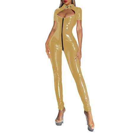 Women s Sexy Long Sleeve PVC Leather Jumpsuit Lingerie Zipper Crotch Party Bodysuit Sexy Catsuit Clubwear