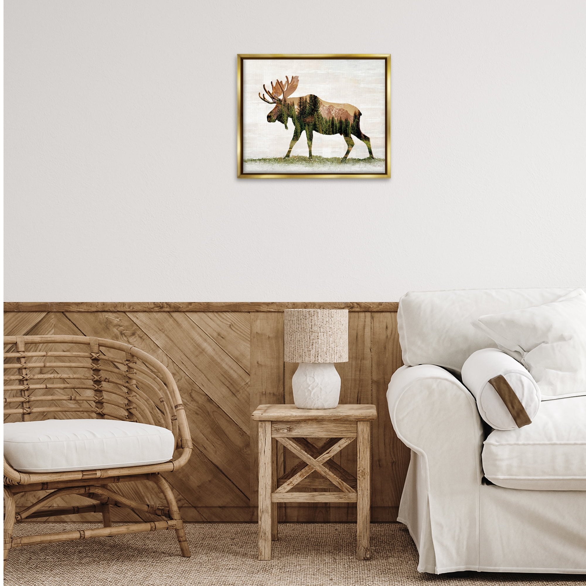 Stupell Industries Forest Pattern Moose Animals & Insects Painting Gold Floater Framed Art Print Wall Art, 21 x 17