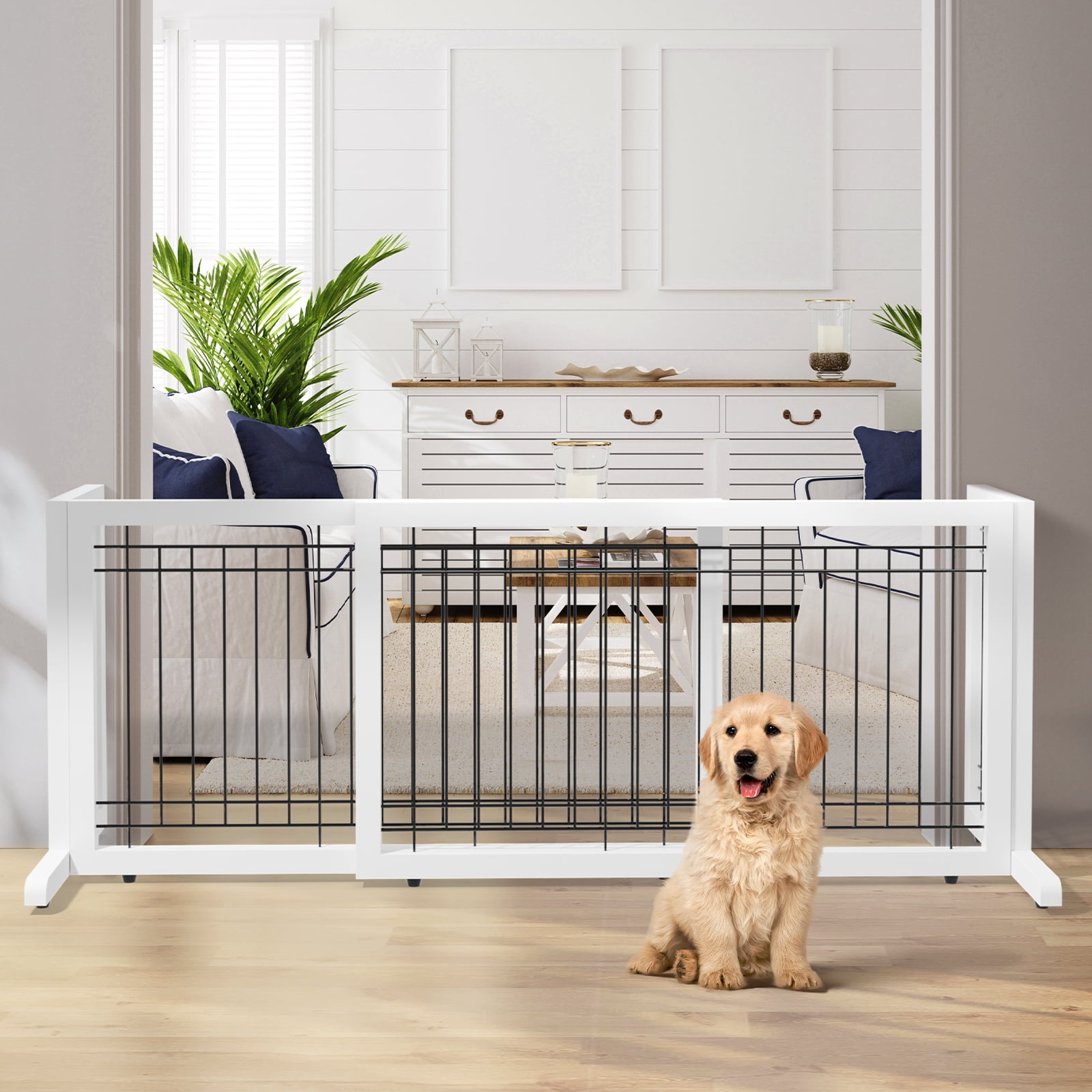 VINGLI Free Standing Dog Gate, Adjustable Pet Fence, 37" - 68" Wide Solid Wooden Pet Gate for House Doorways Stairs, Doggie Gates for Indoors, White
