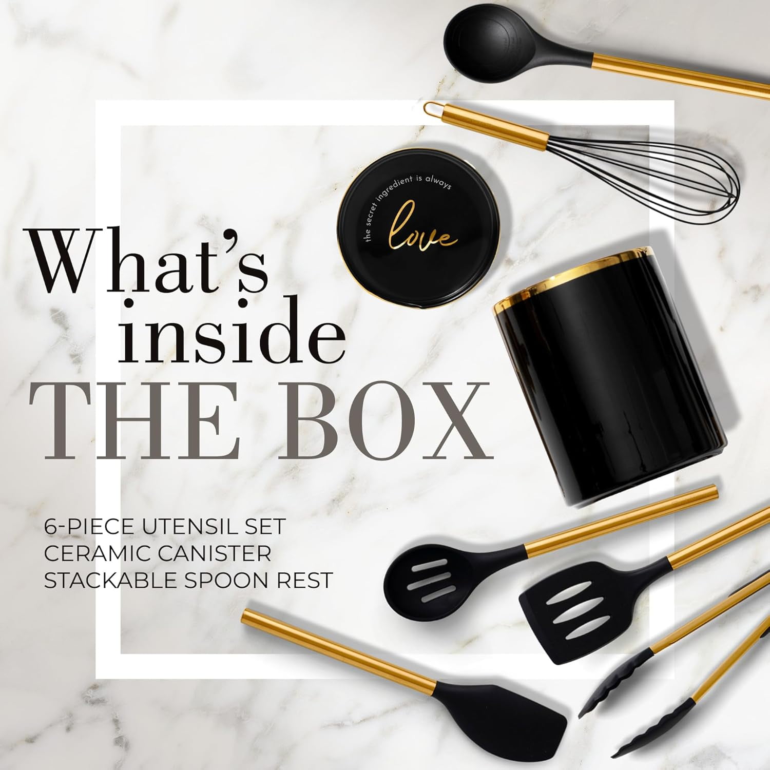 Styled Settings Black and Gold Kitchen Utensils Set – 8 Piece Silicone Cooking Utensils with Gold Handles, Black Ceramic Utensil Holder and Spoon Rest, Nonstick Safe and Heat Resistant