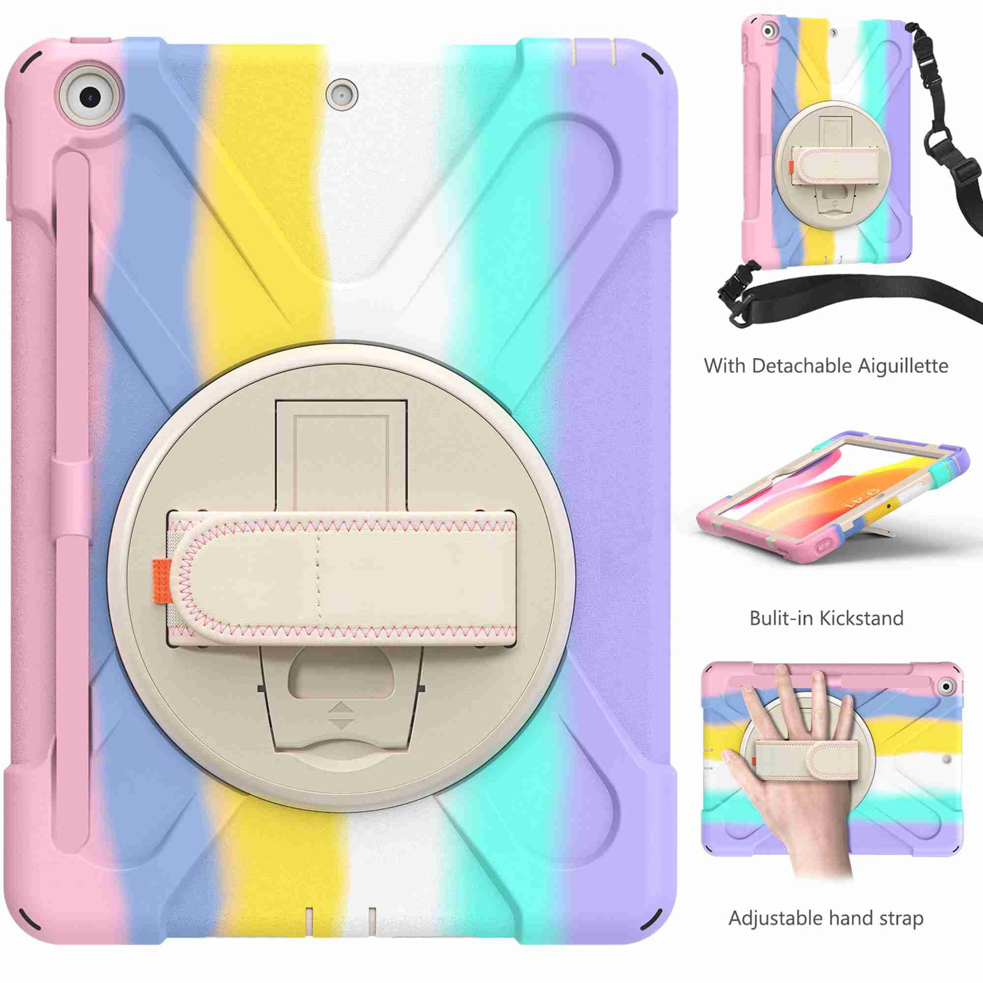 Dteck iPad 8th / 7th Generation Case, Heavy Duty Rugged Case with Pencil Holder Hand Strap, Kickstand, Shoulder Strap for Apple iPad 10.2 Inch 2020/2019- Multicolour