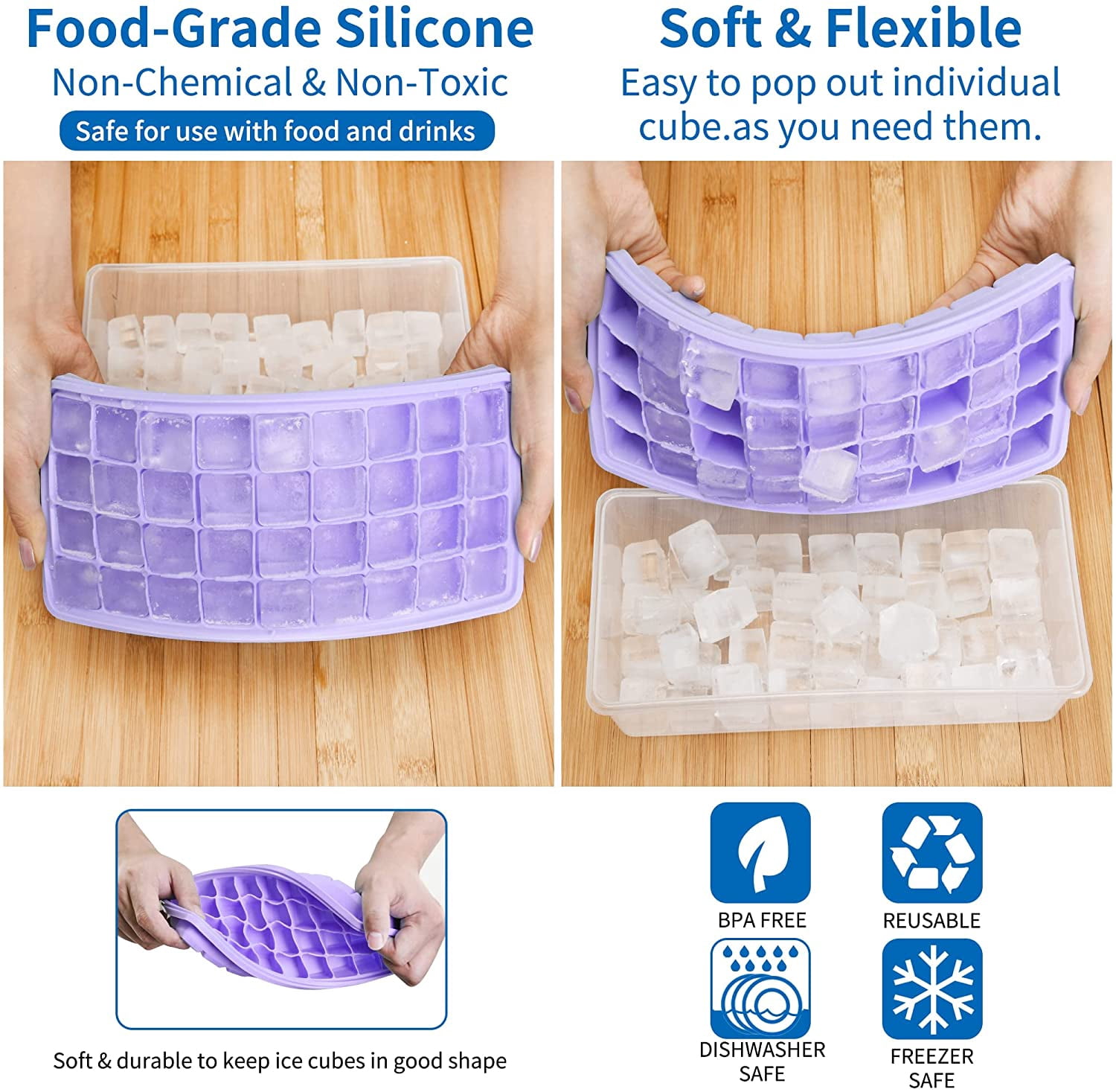 Silicone Ice Cube Tray with Leak-Proof Lid & Storage Bin for Freezer – BPA-Free 36-Piece Nugget Ice Molds, Spill-Resistant Cover & Ice Scoop Container Cover Violet
