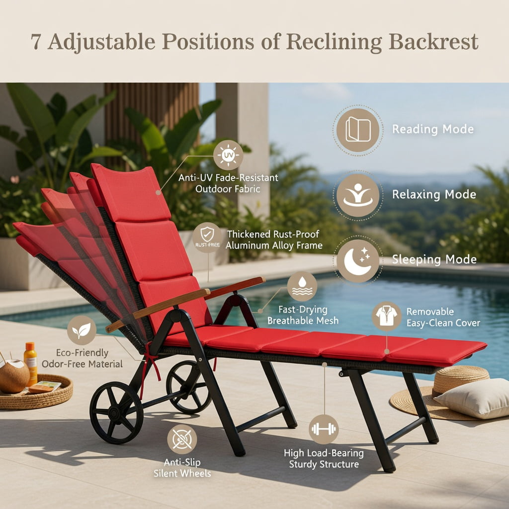 Hommoo Adjustable Folding Outdoor Rattan Lounge Chair with 2 Wheels, PE Wicker Recliner for Patio, Pool & Beach, Red