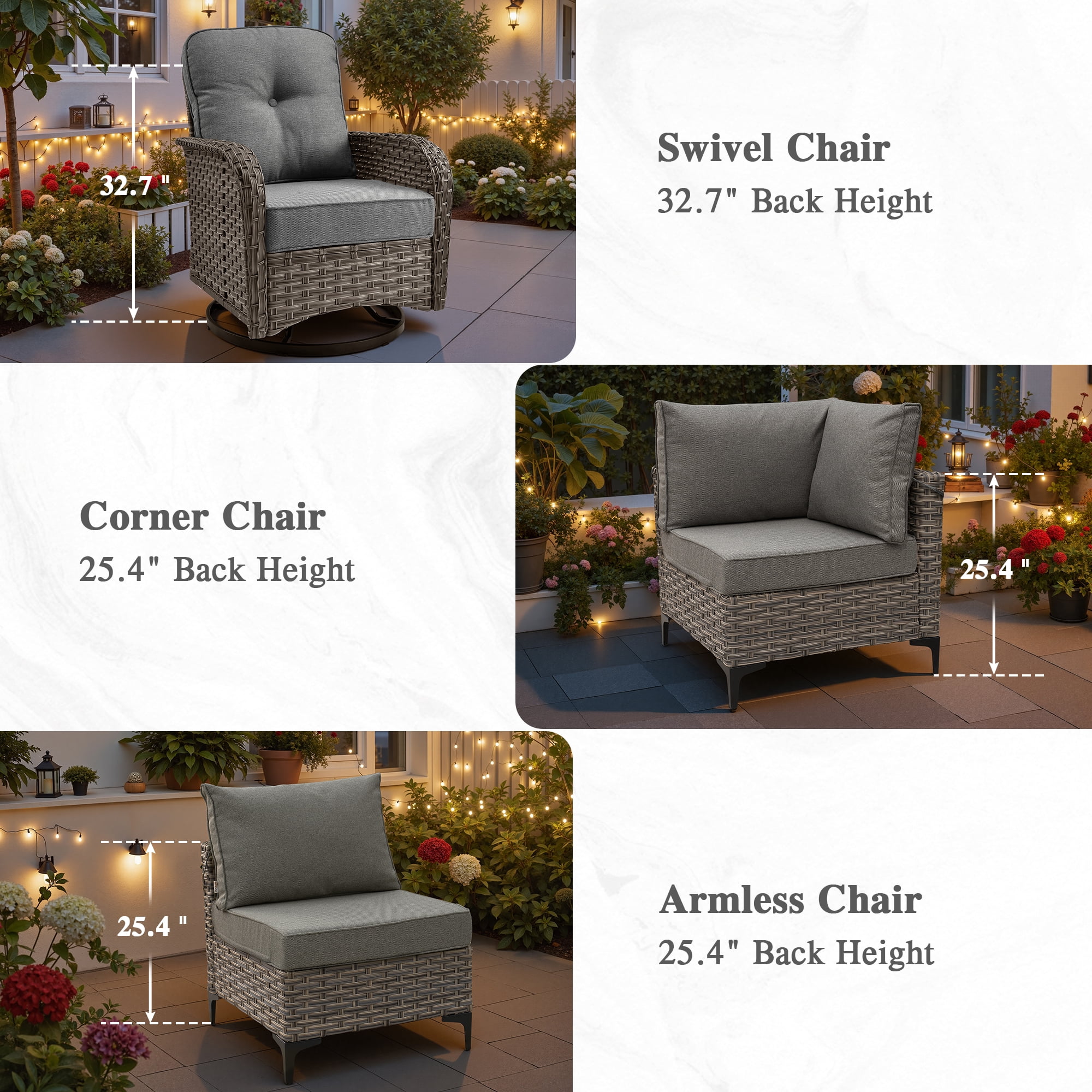 Ovios 8 Pieces Patio Furniture Outdoor Conversation Set Rattan Wicker Outside Sectional Sofa with Swivel Chairs & Solar Light Table, Dark Gray