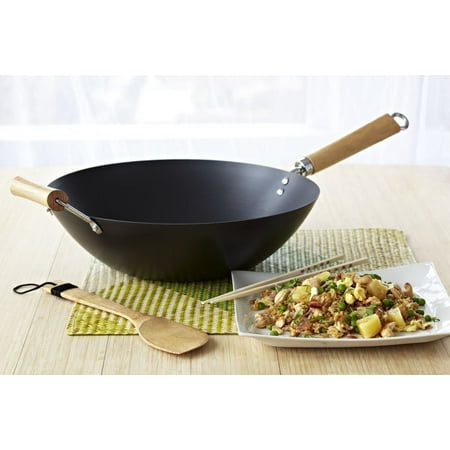 New Nonstick WOK Carbon Steel 12 Inch With Wooden Handles Fry Cookware Pan