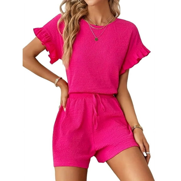 Women'S 2 Piece Outfits Round Neck Ruffle Short Sleeve Top and Drawstring Shorts Set Red XXL