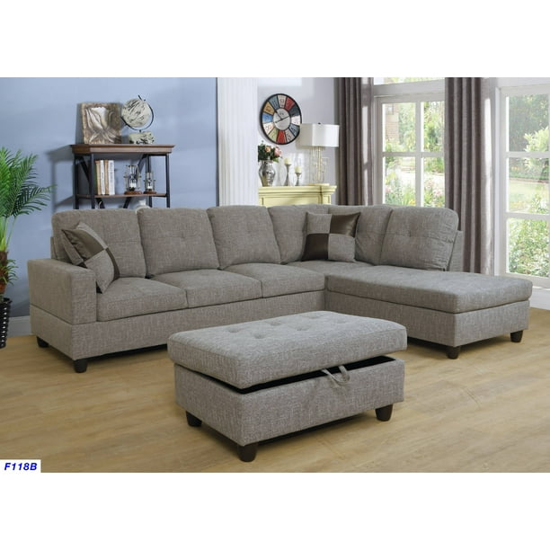 ashey furniture l shape sectional sofa set with storage ottoman right hand facing chaise brown gray color linen upholstery material